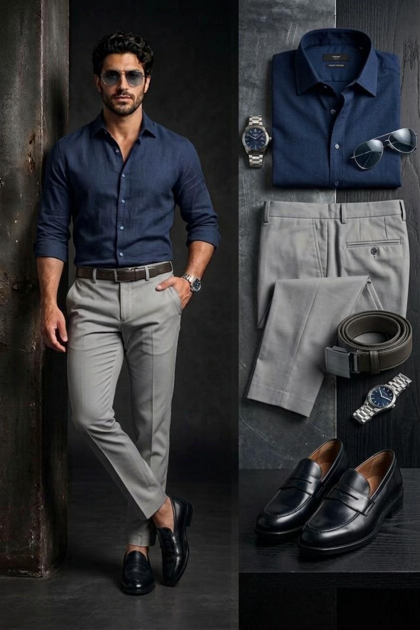blue shirt and grey pants