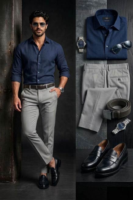 Blue Shirt and Grey Pants 